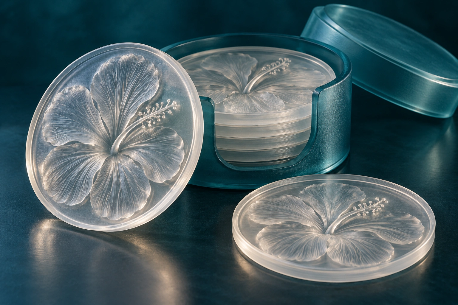 AI concept render of translucent hibiscus coasters with detailed five-petal relief and an ocean-teal storage case