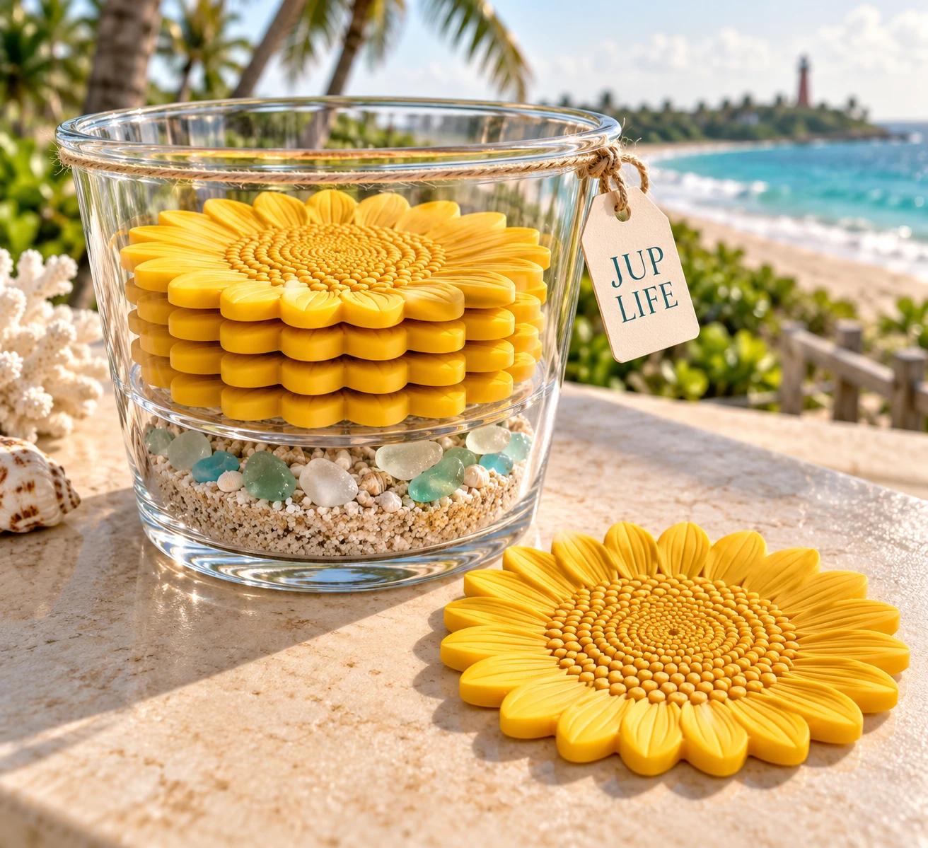 Jup Signature by Dee concept: golden sunflower coasters in a clear flowerpot above Jupiter sand and sea glass, with one coaster beside the pot