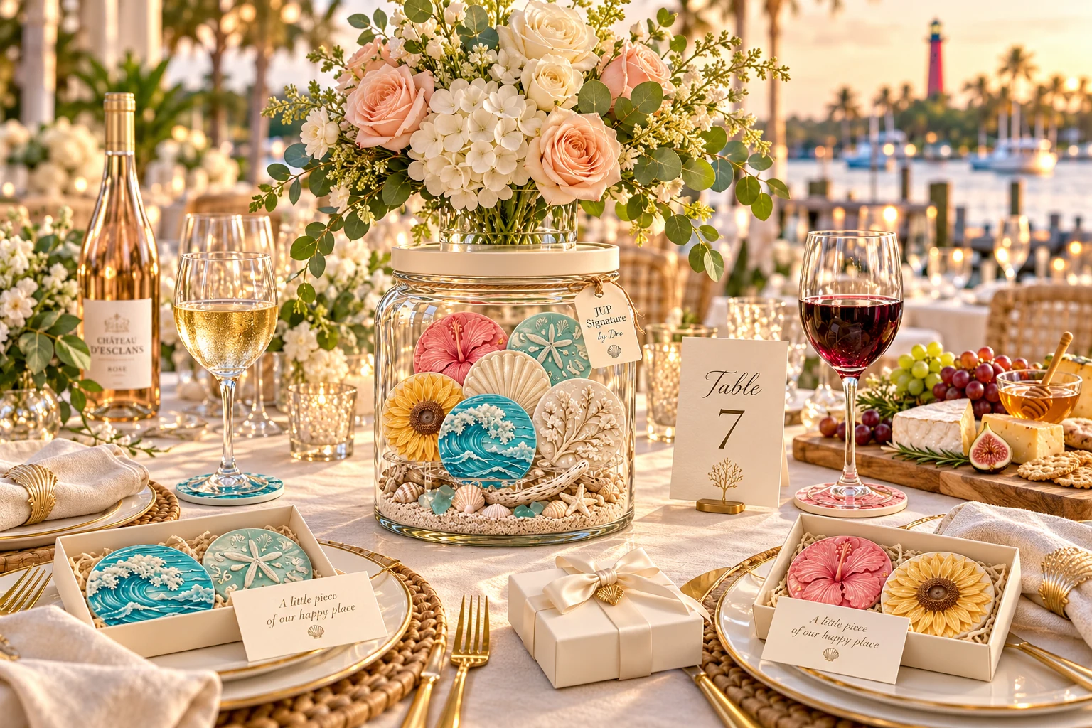Coastal wedding table concept with a floral glass-jar coaster centerpiece, red and white wine on matching coasters, an artisan cheese board and ribbon-wrapped coaster favors at each place setting