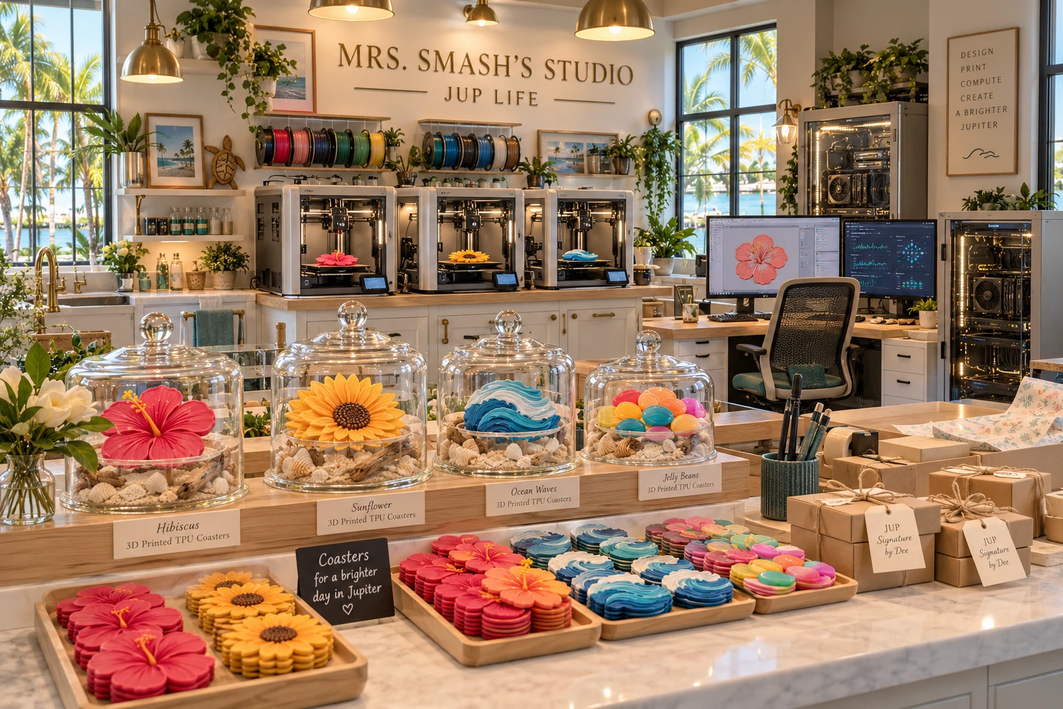 Mrs. Smash’s Studio concept: a coastal bakery-inspired workspace with enclosed 3D printers, local GPU workstations, colorful coaster displays and gift packing benches