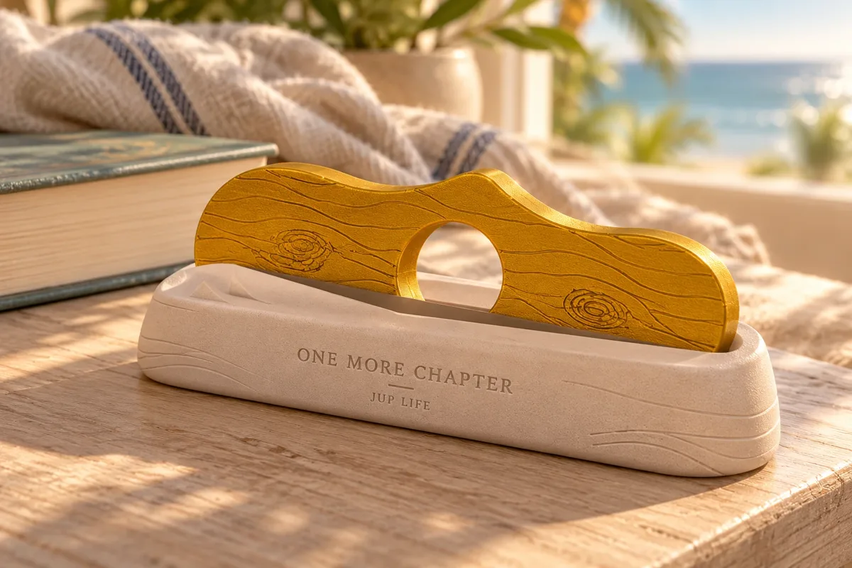 Studio concept of a gold Proof of Read driftwood page holder seated upright in the sand-colored One More Chapter cradle