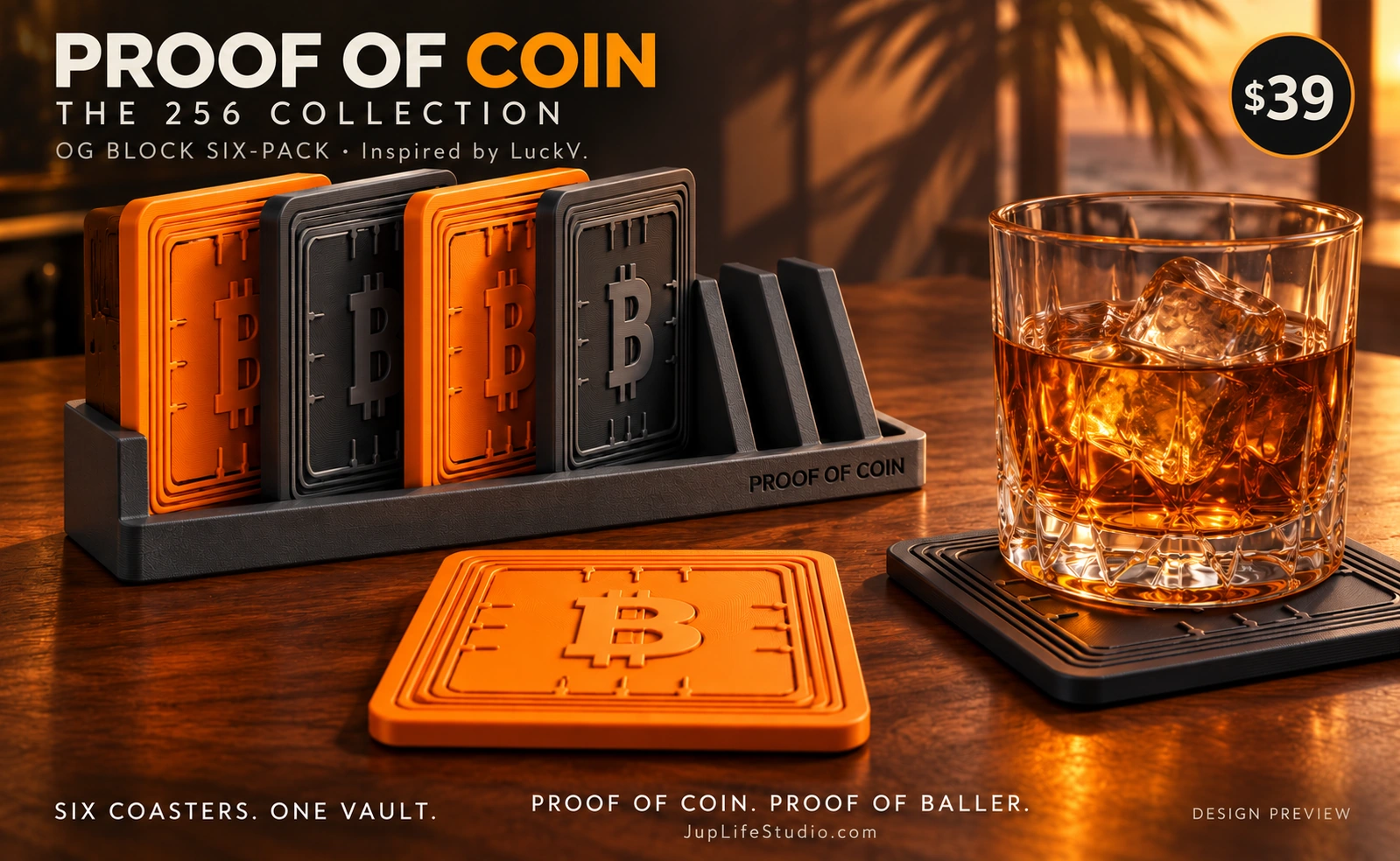 Proof of Coin design preview: orange and charcoal square Bitcoin coasters with a six-slot charcoal vault holder on a sunset-lit table
