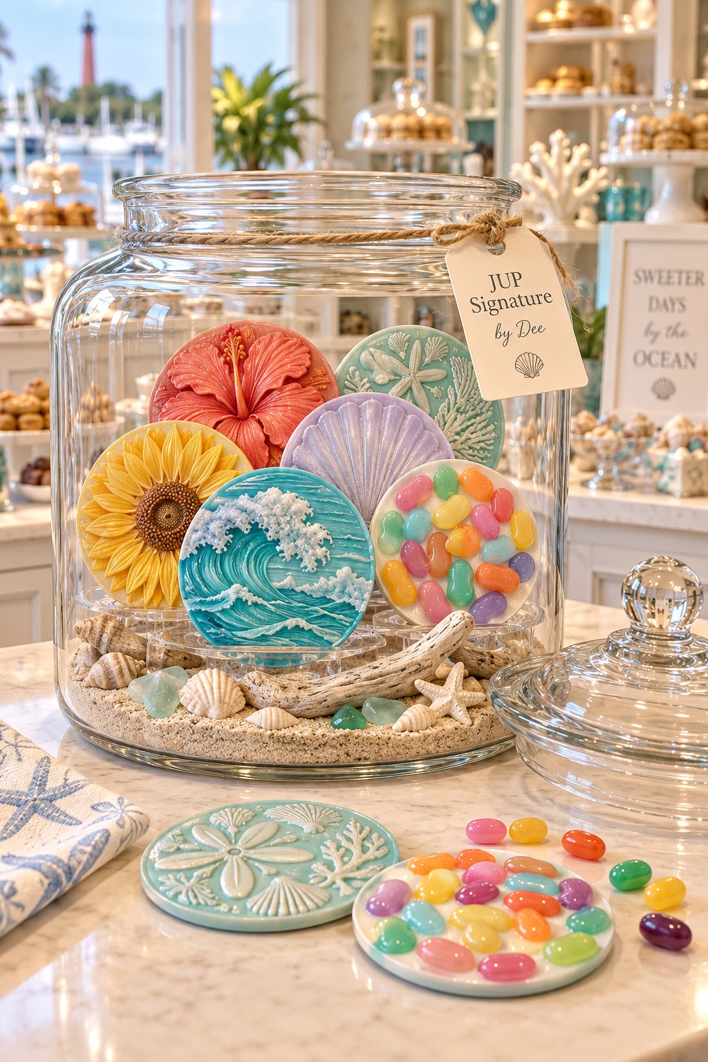 The Sweet Coast Jar by Dee: assorted colorful coastal and jelly bean coasters displayed in a clear bakery-style cookie jar above sand, shells, sea glass and driftwood