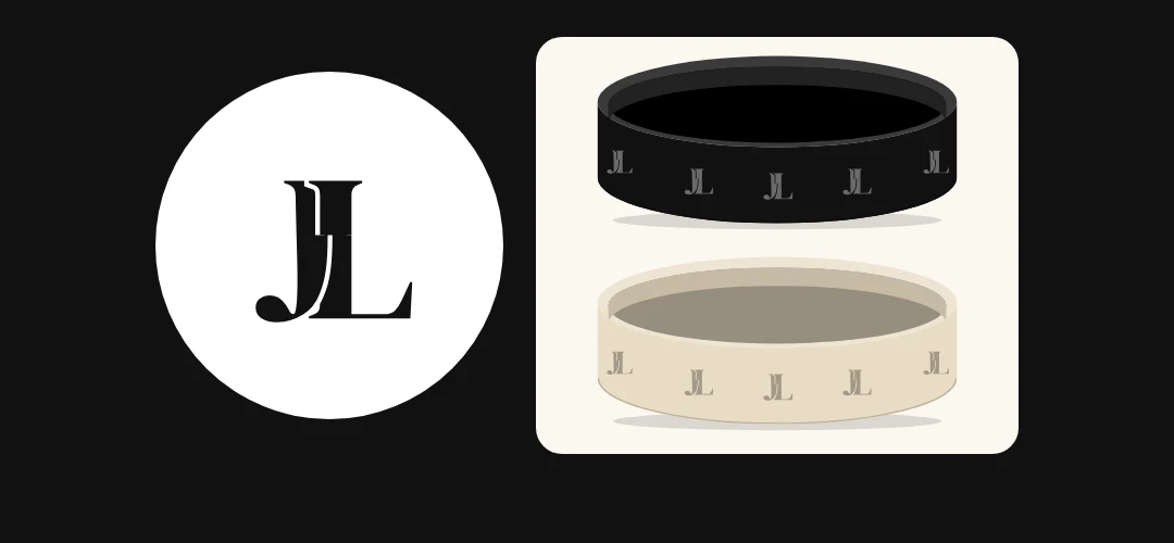 The Gigi JL monogram next to a black band and a sandbar band