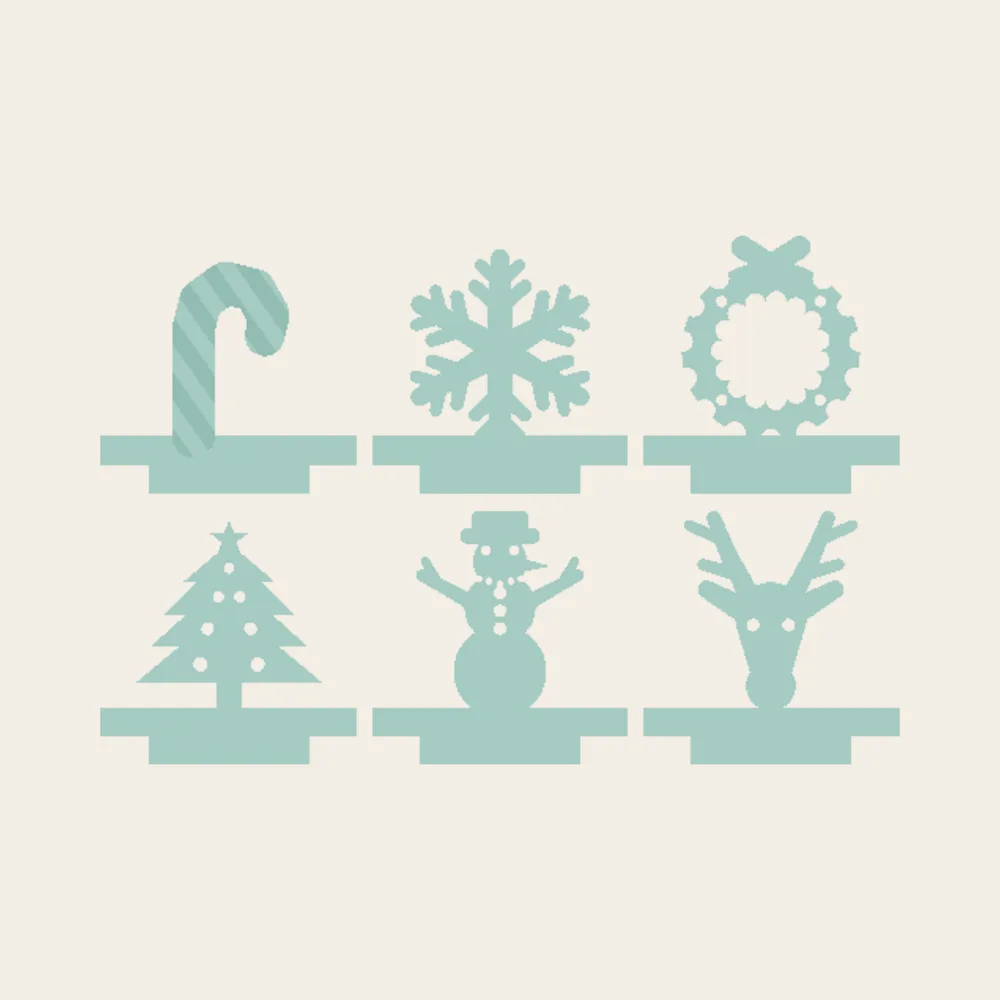 Six Tide Tops: candy cane, snowflake, wreath, tree, snowman and reindeer