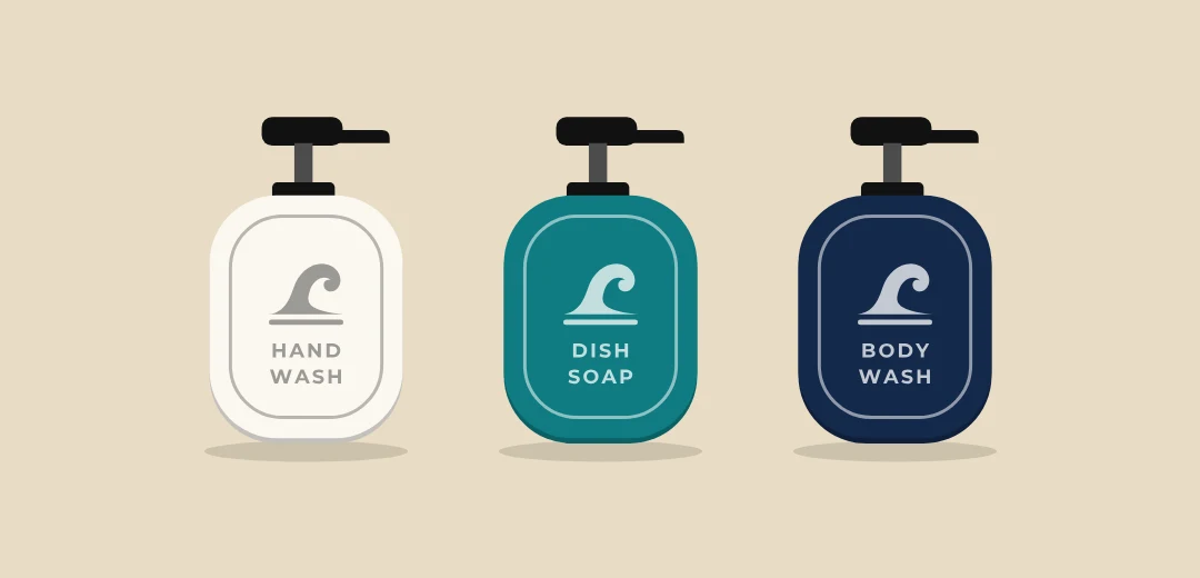 Three Tide Dispensers marked hand wash, dish soap and body wash, each with a wave icon