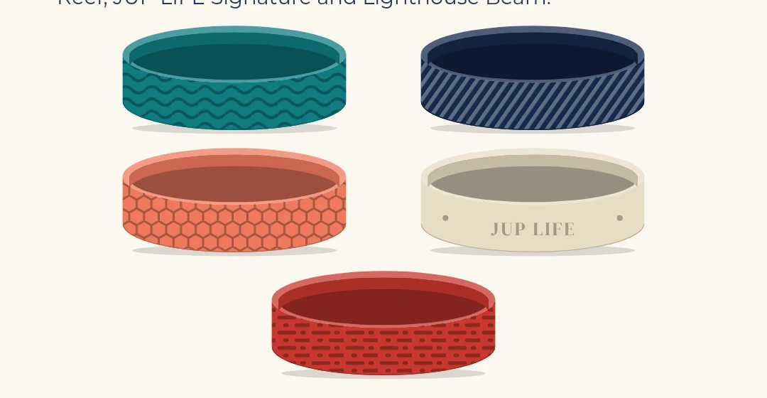 Five slide-on Tidebands in teal, navy, coral, sandbar and lighthouse red