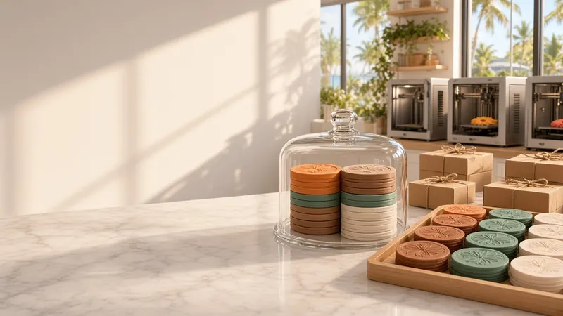The JUP LIFE bakery counter: a glass dome over stacks of terracotta, sage and cream coasters, a wood tray beside kraft boxes, printers by the window