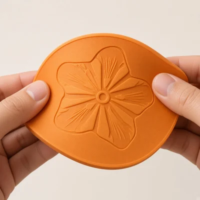 Hands flexing a pumpkin-orange TPU coaster
