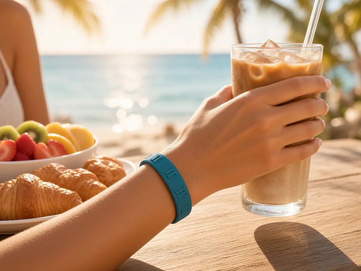 A teal Gigi on a wrist at a beachside brunch