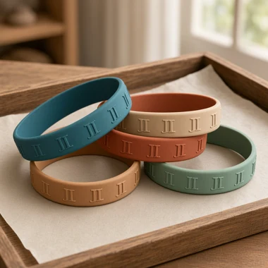 Gigi bands in teal, terracotta, sand, cream and sage on a wood tray