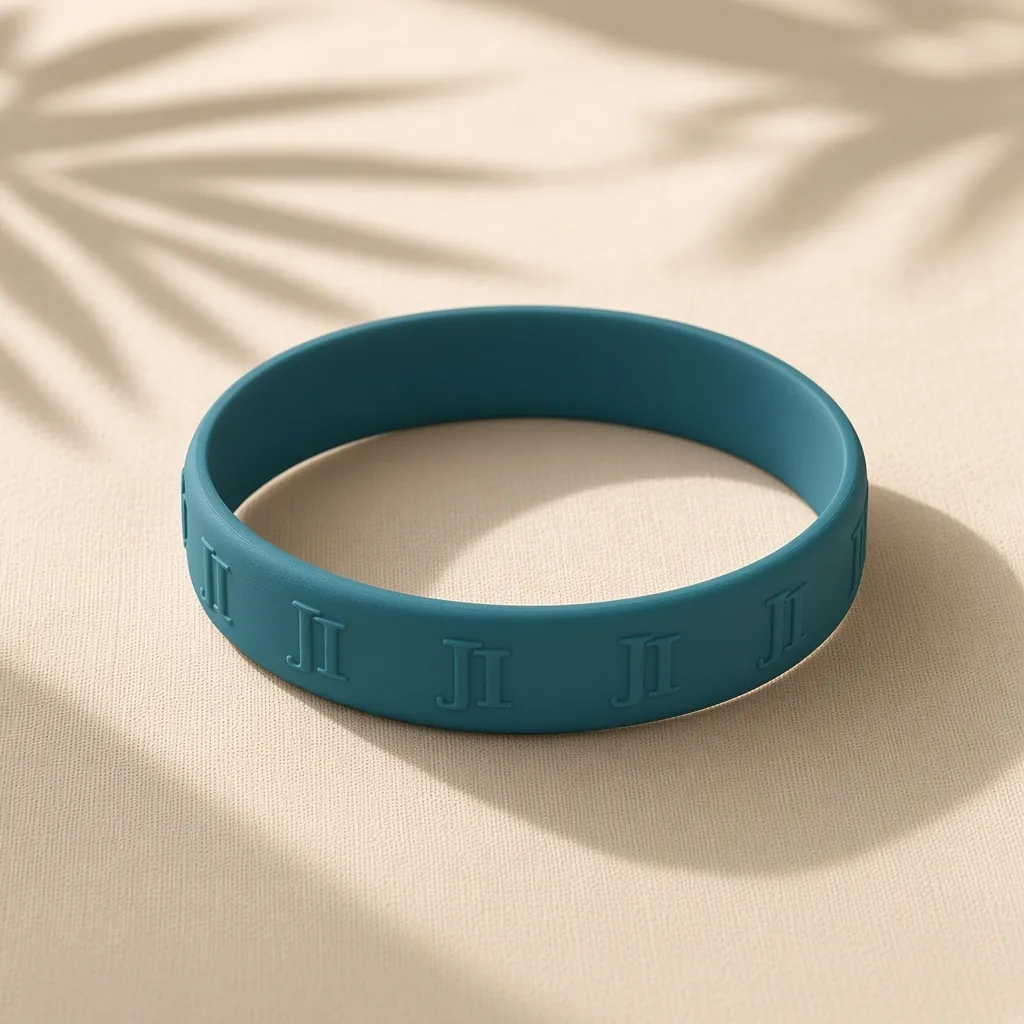 A teal Gigi band with a repeating JI monogram, in palm-leaf shadow