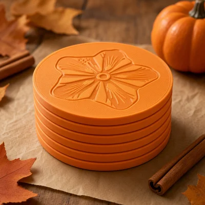 A stack of pumpkin-orange flower coasters with cinnamon sticks and fall leaves
