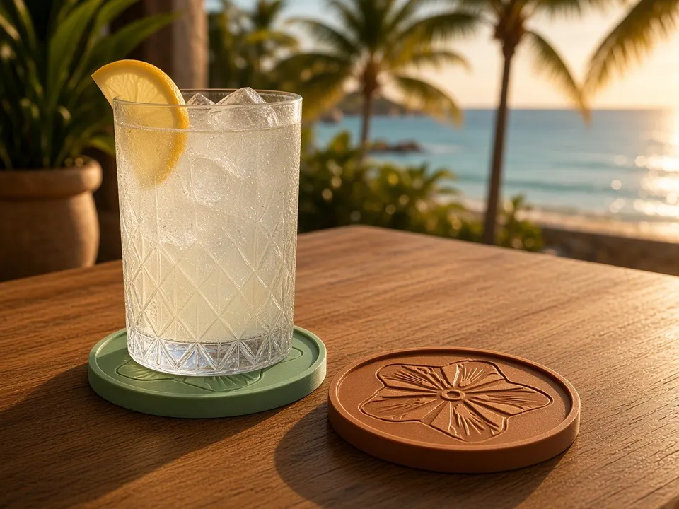 A lemon spritz on a sage coaster beside a cinnamon coaster, on a beachside table at golden hour