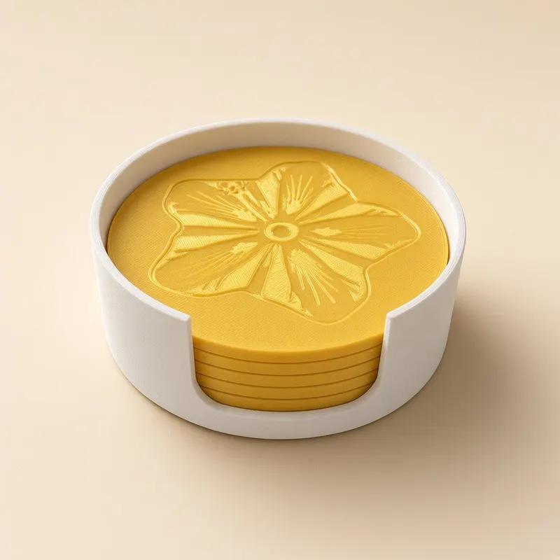 Six yellow flower coasters stacked in a white printed case