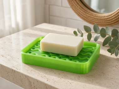 A Tide soap dish on a stone vanity