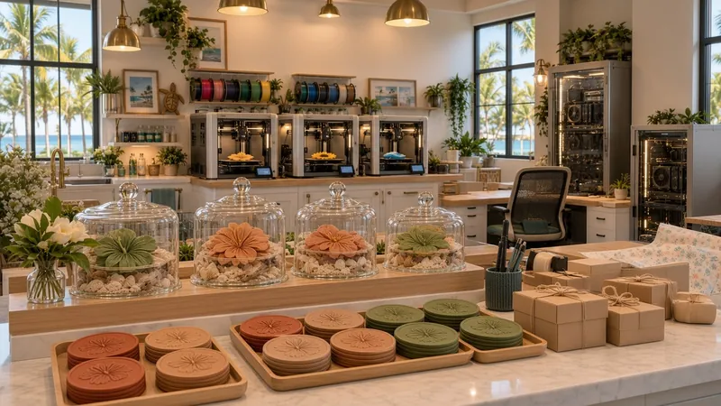 The JUP LIFE studio counter: coasters under glass domes and on wood trays, printers and filament behind, palm trees outside