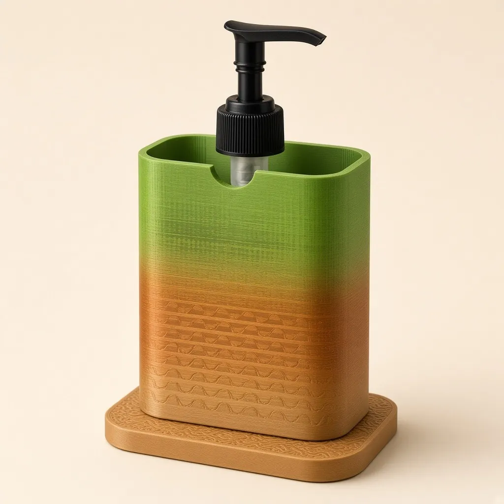 A Tide hand soap dispenser fading from lime to amber, with wave texture and a square base