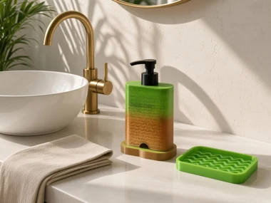 A Tide dispenser and soap dish beside a hotel bathroom sink