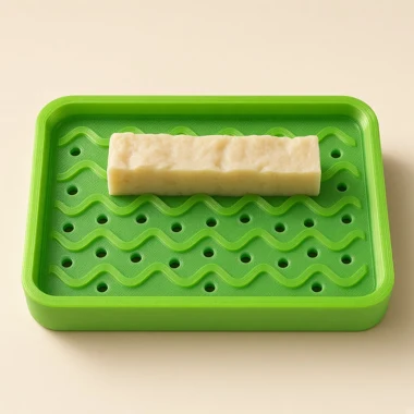 A lime-green Tide soap dish with wave ridges and drain holes, holding a bar of soap