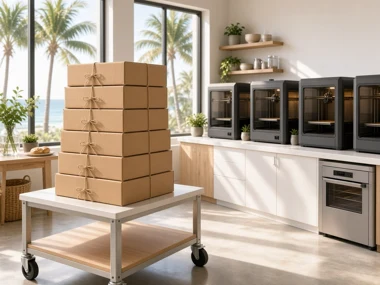 Kraft boxes stacked on a cart in the studio, printers along the wall