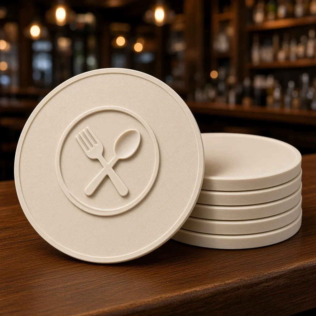 Example design: a cream coaster with a raised fork-and-spoon emblem, stacked on a bar