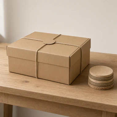 A closed kraft box tied with twine beside a stack of coasters