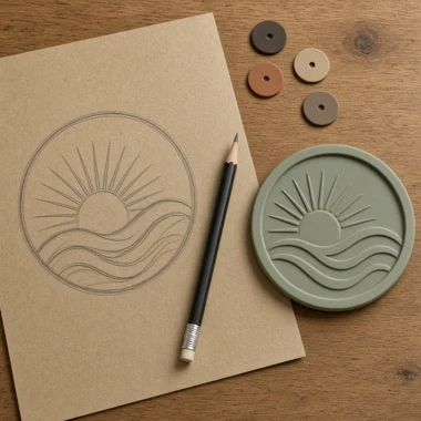 A pencil sketch of a sunrise-over-waves logo beside a sage coaster with the same design