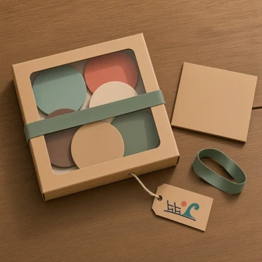 The Half Dozen: six coasters in a windowed kraft box with a sage band and the Mrs. Smash tag
