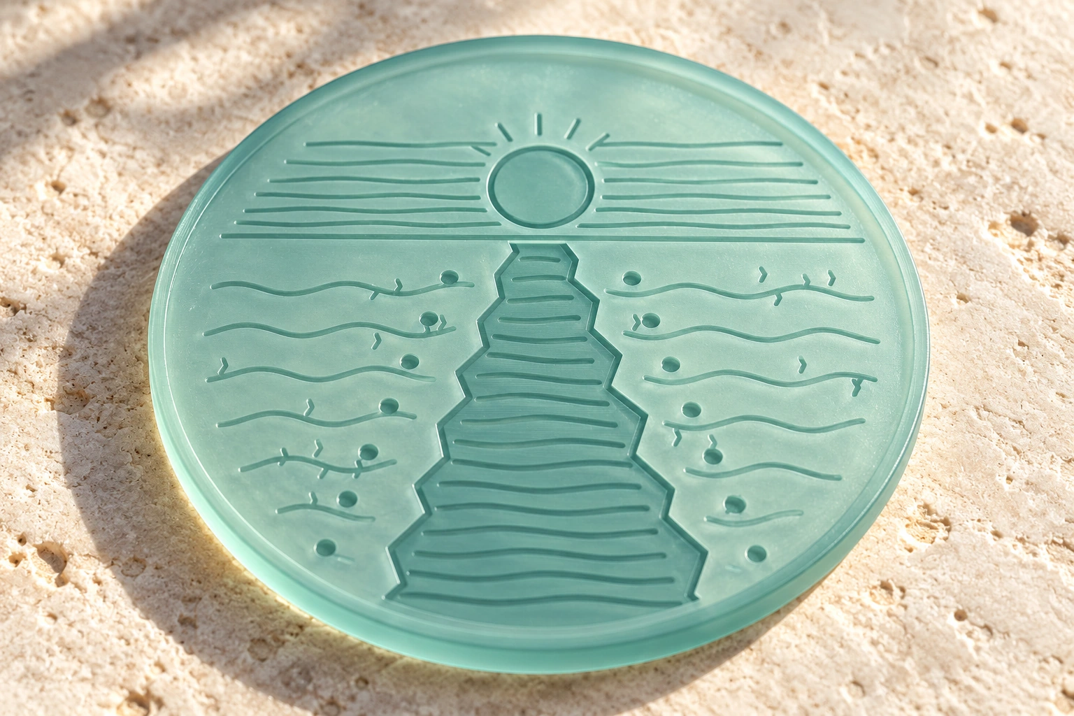 AI concept visualization of a thin pale teal coaster with an engraved sun and a widening coastal channel