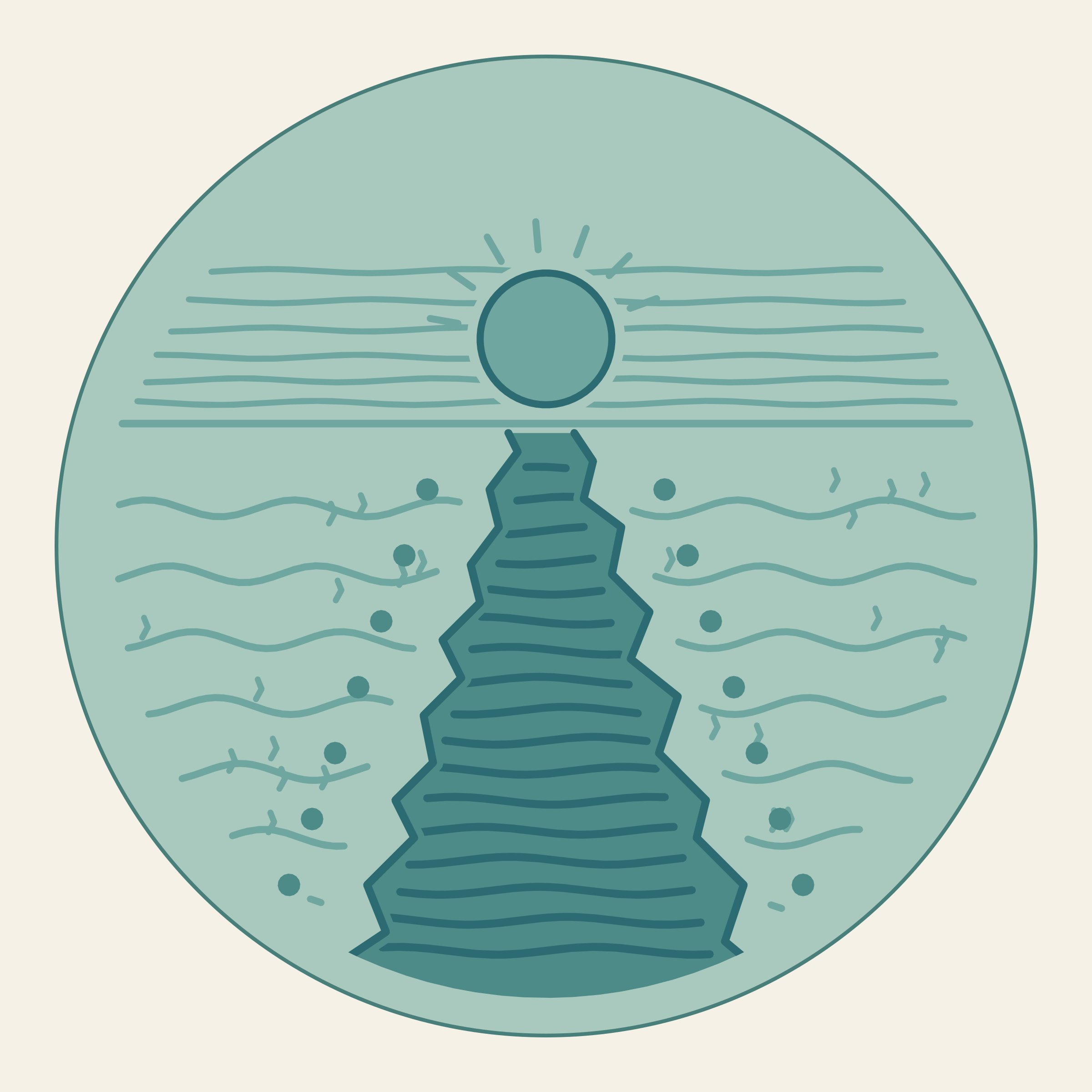 Exact top-view CAD diagram showing the sun, jagged channel and layered engraving paths
